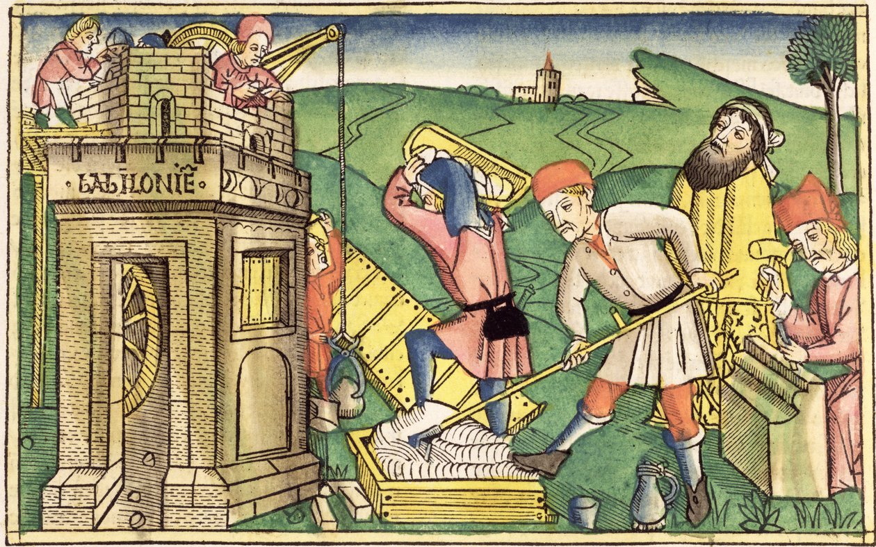 Genesis 11 1-9 Baabelin tornin rakentaminen, Nürnbergin Raamatusta (Biblia Sacra Germanaica) (värillinen puupiirros) tekijältä German School