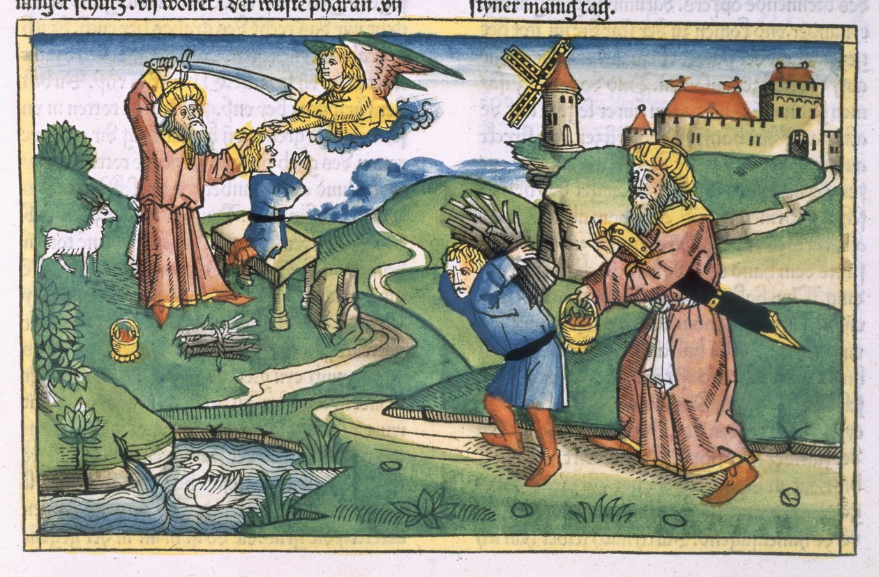 Mooseksen kirja 21 1-14 Abrahamin uhrilahja Iisakin, Nürnbergin Raamatusta (Biblia Sacra Germanaica) (värillinen puupiirros) tekijältä German School