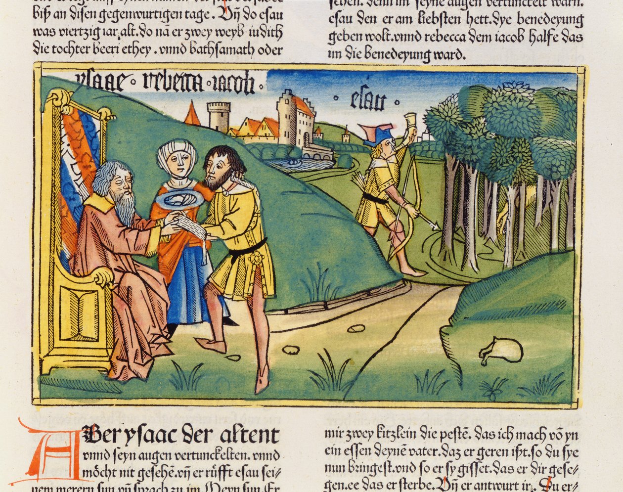 Mooseksen kirja 27 6-29 Jaakob saa Iisakin siunauksen, Nürnbergin Raamatusta (Biblia Sacra Germanaica) (värillinen puupiirros) tekijältä German School