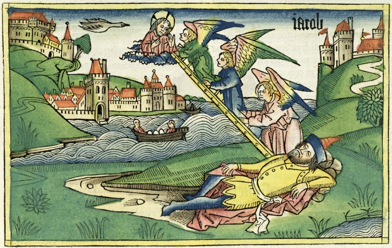 Genesis 28 10 Jacobs Ladder, Nürnbergin Raamatusta (Biblia Sacra Germanaica) (värillinen puupiirros) tekijältä German School