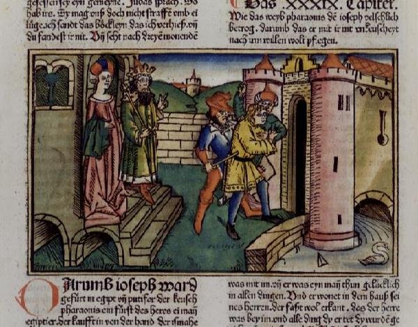 Genesis 39 19-23 Innocent Joseph on vangittu, "Nürnbergin Raamatusta (Biblia Sacra Germanaica)" (värillinen puupiirros) tekijältä German School
