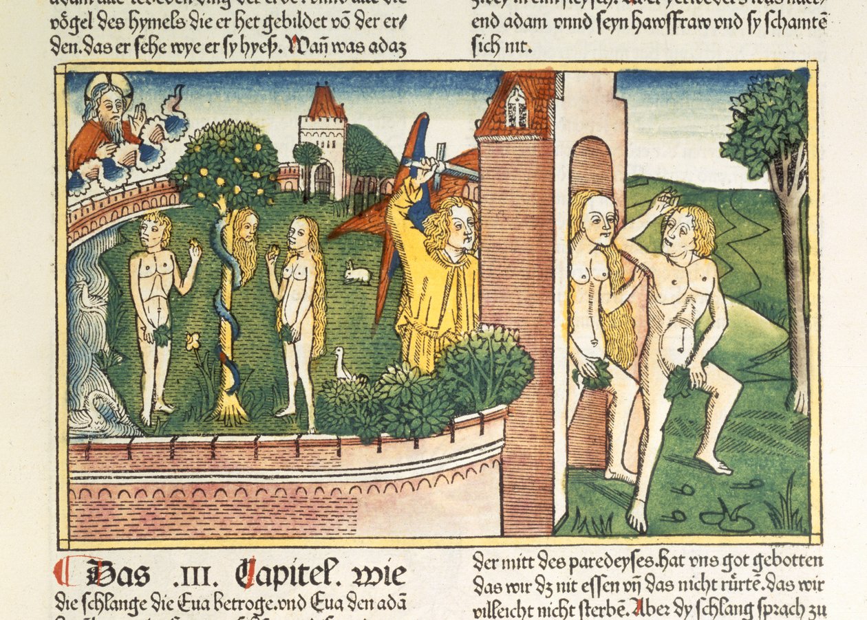 Genesis 3 1-24 Kiusaus ja karkotus paratiisista, Nürnbergin Raamatusta (Biblia Sacra Germanaica) (värillinen puupiirros) tekijältä German School