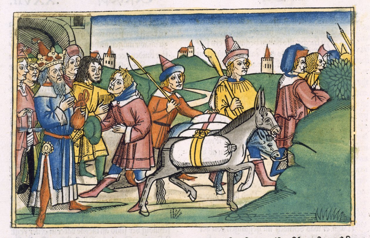 Mooseksen kirja 41 14-24 Faraon unelma, Nürnbergin Raamatusta (Biblia Sacra Germanaica) (värillinen puupiirros) tekijältä German School