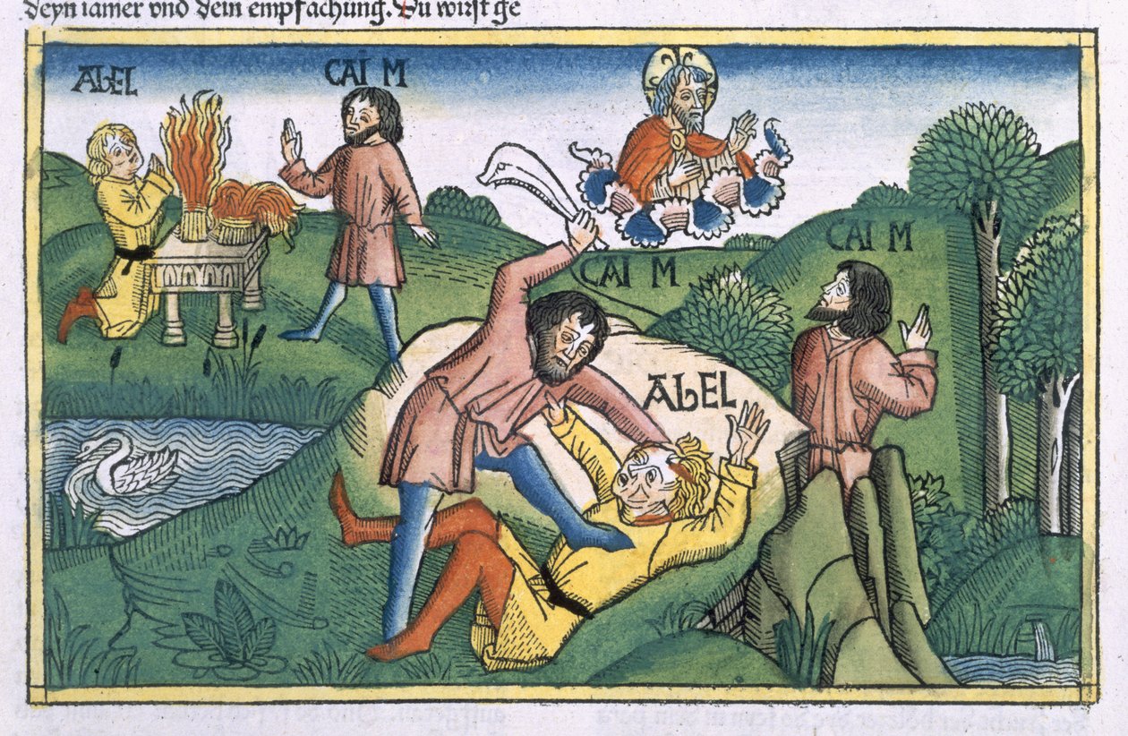 Mooseksen kirja 4:8 Kain murhaa Aabelin, "Nürnbergin Raamatusta (Biblia Sacra Germanaica)" (värillinen puupiirros) tekijältä German School