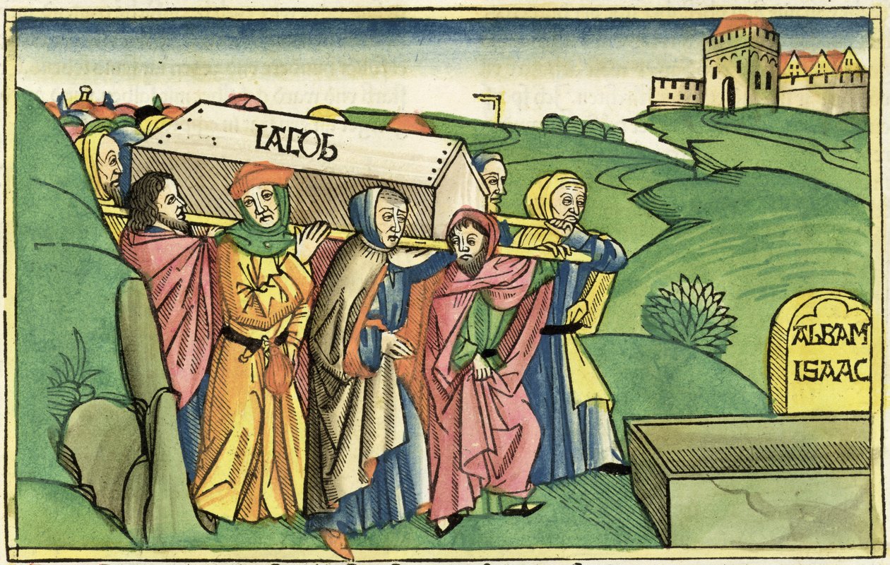 Genesis 49:28-33 Jaakobin hautaus, Nürnbergin Raamatusta (Biblia Sacra Germanaica) (värillinen puupiirros) tekijältä German School