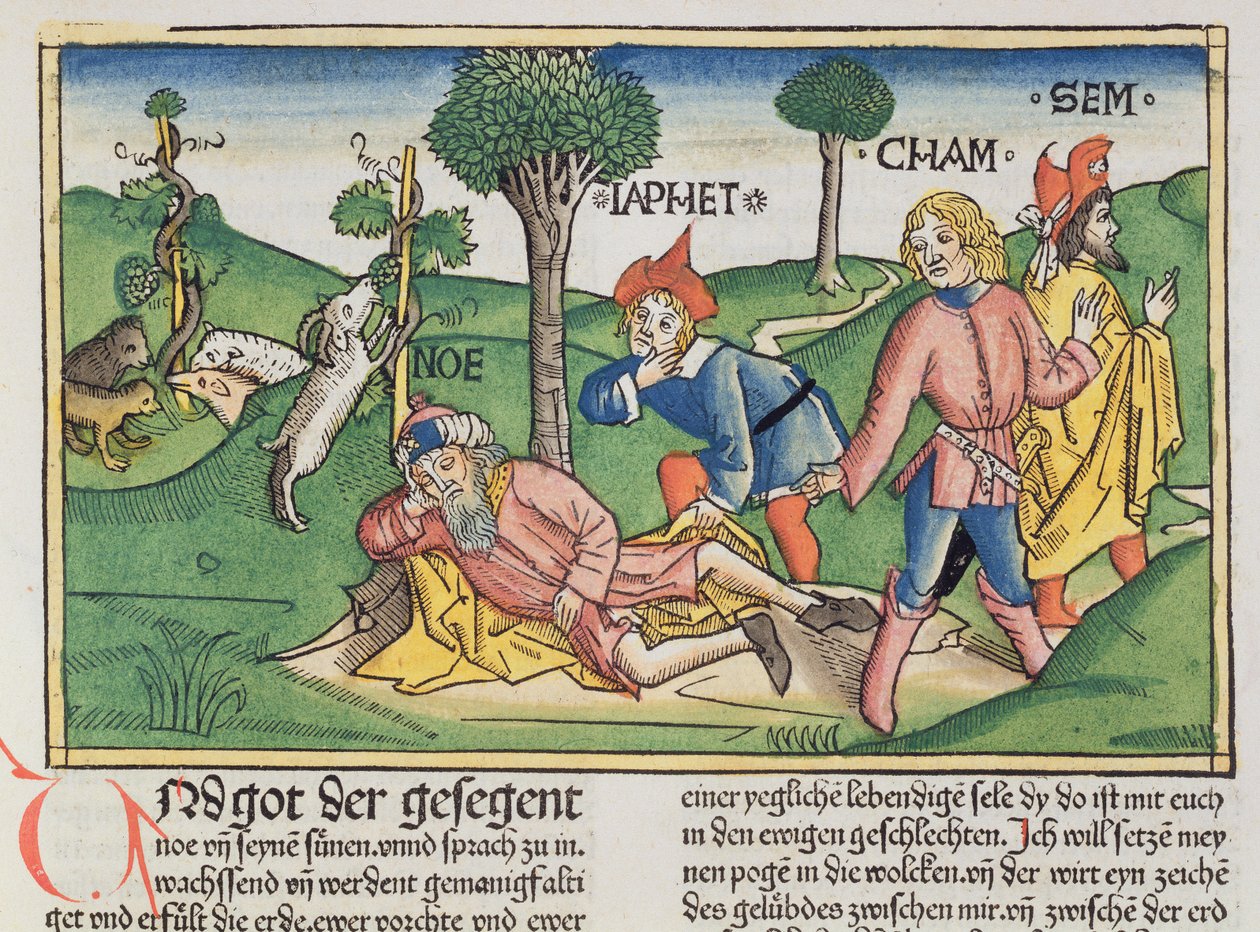 Genesis 9 20-27 Nooa, jonka hänen poikansa Shem, Ham ja Japeth peittivät viitalla, Nürnbergin Raamatusta (Biblia Sacra Germanaica) (värillinen puupiirros) tekijältä German School