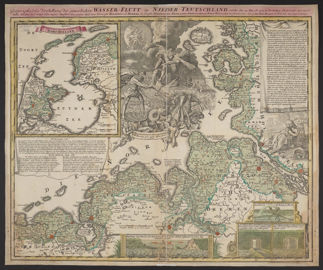 Maantieteellinen esitys kurjasta vesitulvasta Ala-Saksassa, joka tapahtui 25. joulukuuta 1717, noin 1718 (painettu) tekijältä German School