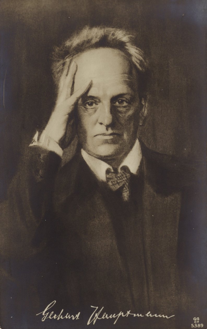 Gerhard Hauptmann (1862-1946), saksalainen näytelmäkirjailija ja romaanikirjailija (litografia). tekijältä German School