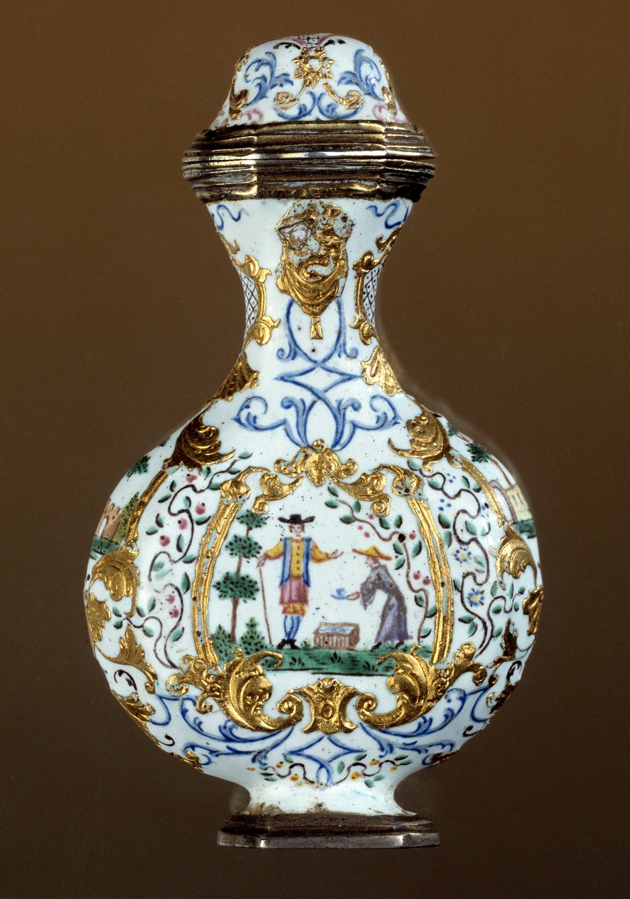 Saksalainen taide: Tuoksupullo 1700-luvulta (enamaille; chinoiserie-kohtaus) tekijältä German School