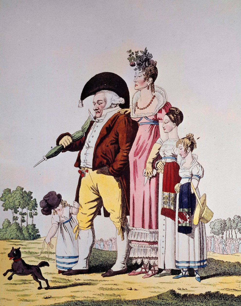 Saksalainen porvaristo kävelee sunnuntaina Karikatyyri, joka edustaa saksalaista perhettä sunnuntaipuvussa. Kaiverrus 1800-luvulta. Berliini. Kunstbibliothek tekijältä German School