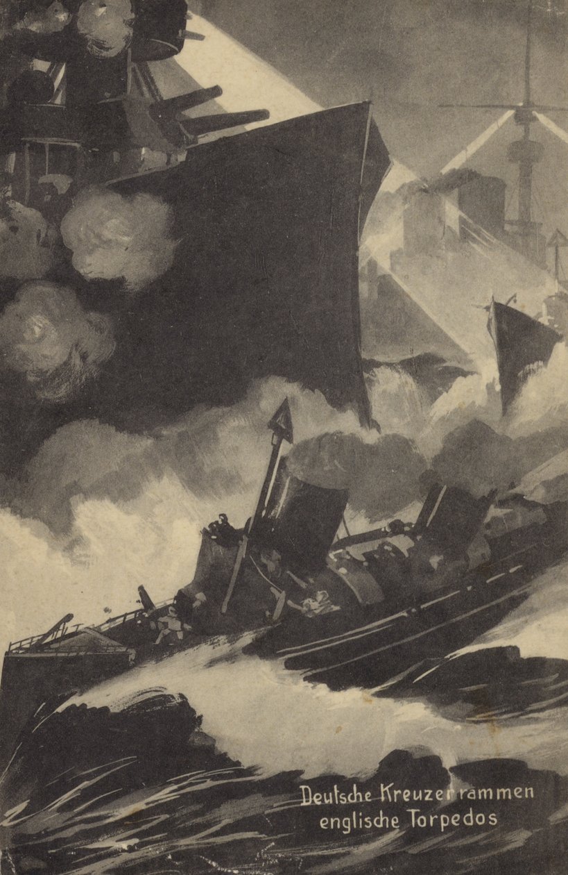 Saksalainen risteilijä törmää brittiläiseen torpedoveneeseen, ensimmäinen maailmansota (litografia). tekijältä German School