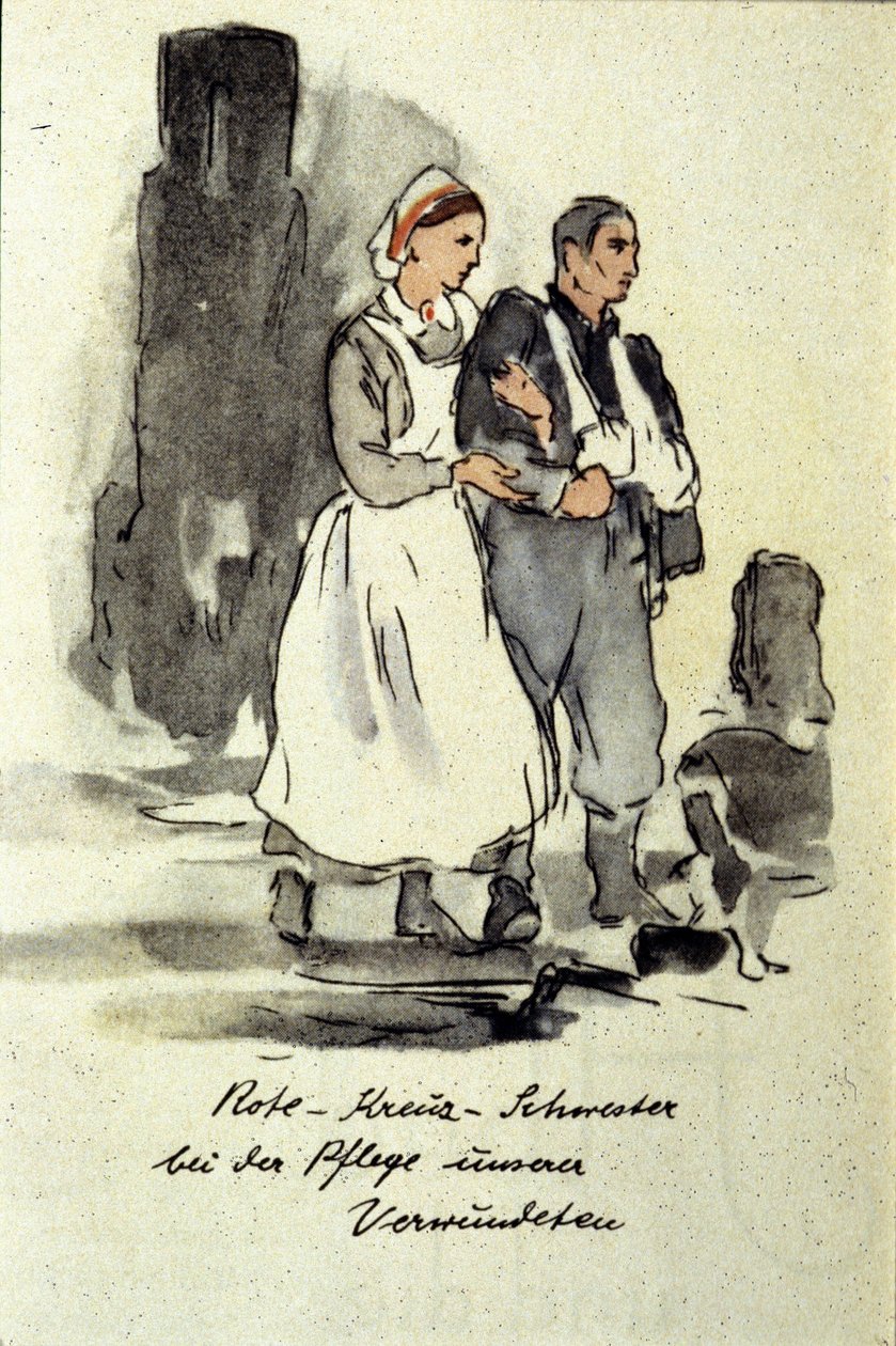 Saksalainen sairaanhoitaja tukemassa haavoittunutta miestä. 1942. tekijältä German School