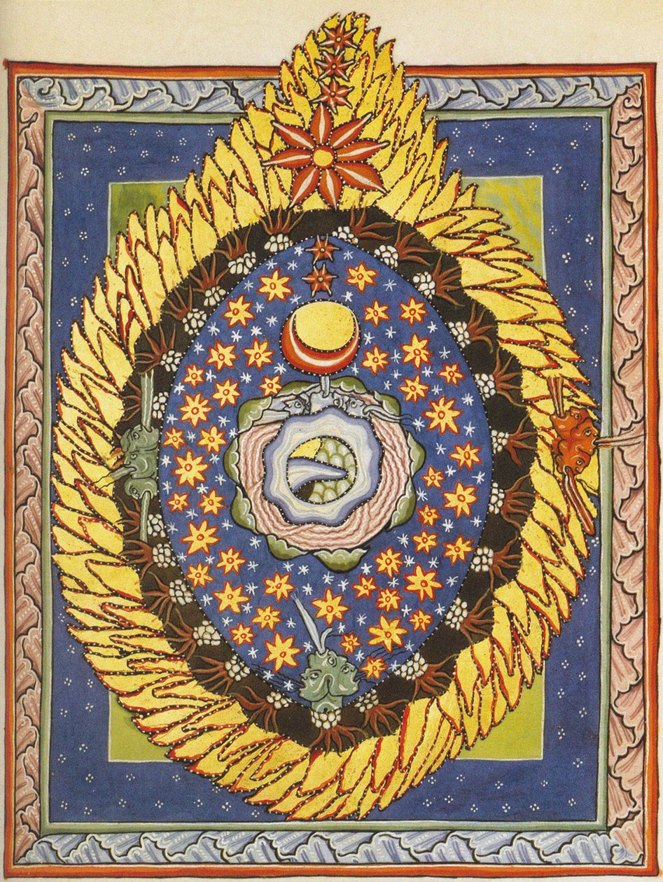 Jumala, kosmos ja ihmiskunta. Miniatyyri Liber Sciviasta, Hildegard of Bingen, n. 1175 (akvarelli pergamentille) tekijältä German School
