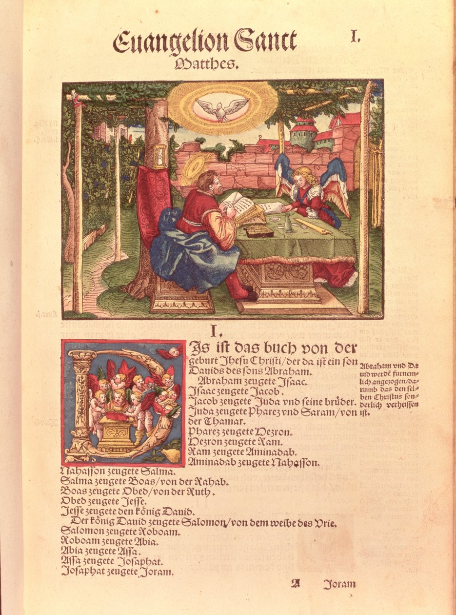 Matteuksen evankeliumi, kirja I, Lutherin Raamatusta, n. 1530 (värillinen puupiirros) tekijältä German School