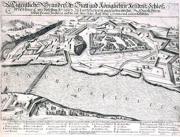 Pressburgin kaupungin ja linnan ja sen linnoitusten pohjapiirros vuonna 1663, kuvitus kirjasta ottomaanien sotatoimista Euroopassa, kaiverrettu Paul Furst (n. 1605-66) (kaiverrus) tekijältä German School