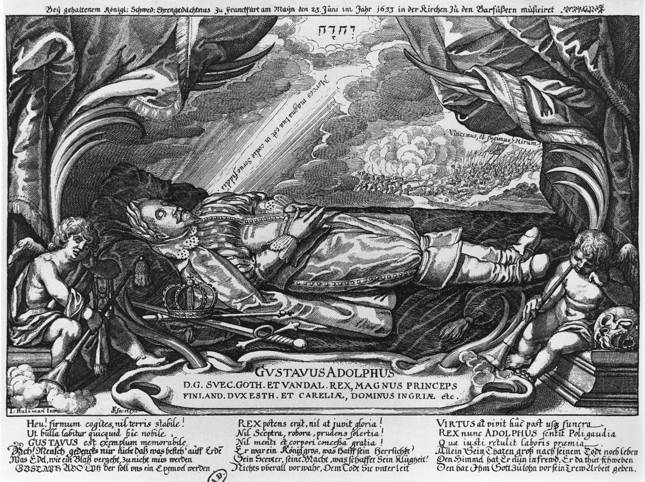 Kustaa Adolphus II (1594-1632) Ruotsin kuningas kuolinvuoteellaan, 1633 tekijältä German School