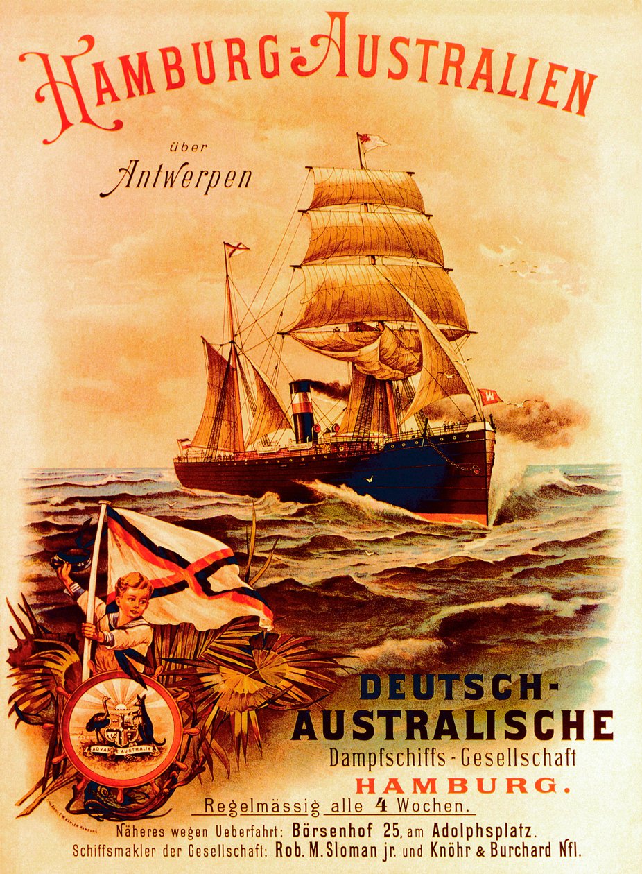 Hampuri - Australia, juliste, joka mainostaa saksalaista Australian Steamship Companya, 1889 tekijältä German School