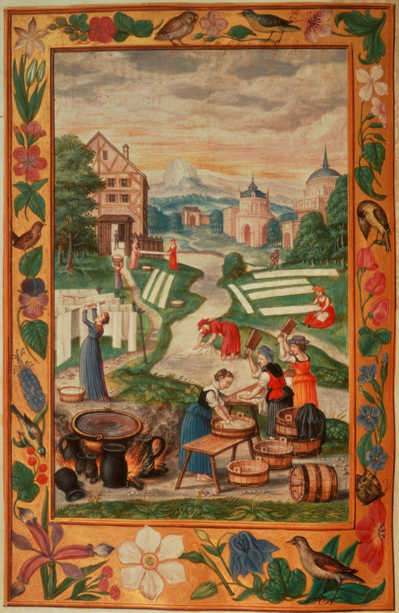 Harl 3469 f.32v Pyykinpesussa työskentelevät naiset Salomon Trismosinin Splendor Solisista tekijältä German School
