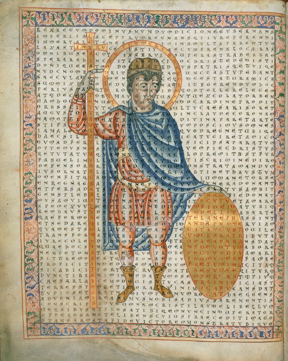 Harley 3045 fol.2 Keisari Ludvig I, hurskas, pitelee ristiä ja kilpiä, teoksesta "De Laudibus Sancte Crucis", n. 1170-1179 (vellum); tekijältä German School