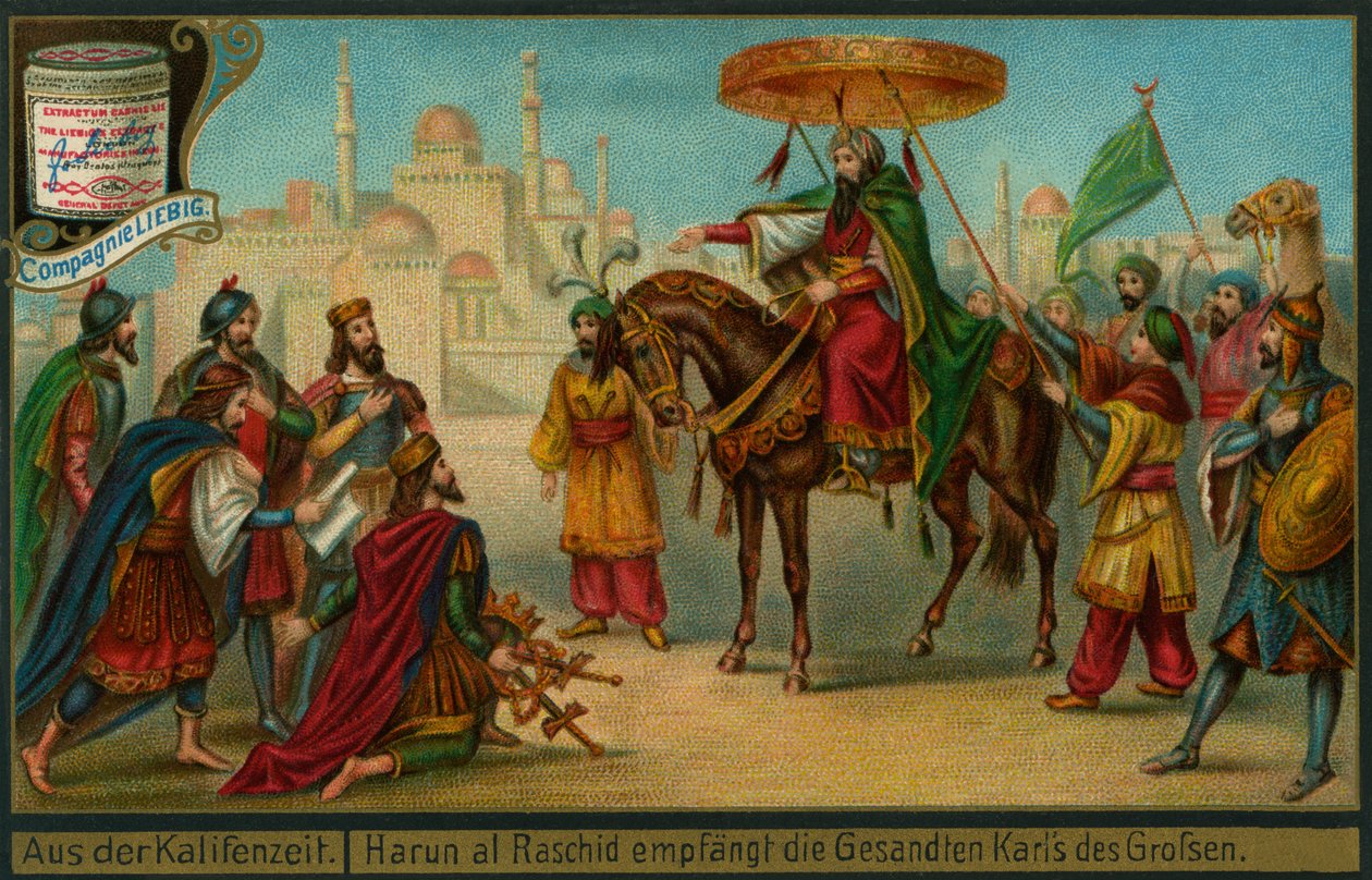 Harun al-Rashid vastaanottaa Kaarle Suuren valtuuskunnan, "Episodes from the Caliphate", Liebig Card. tekijältä German School