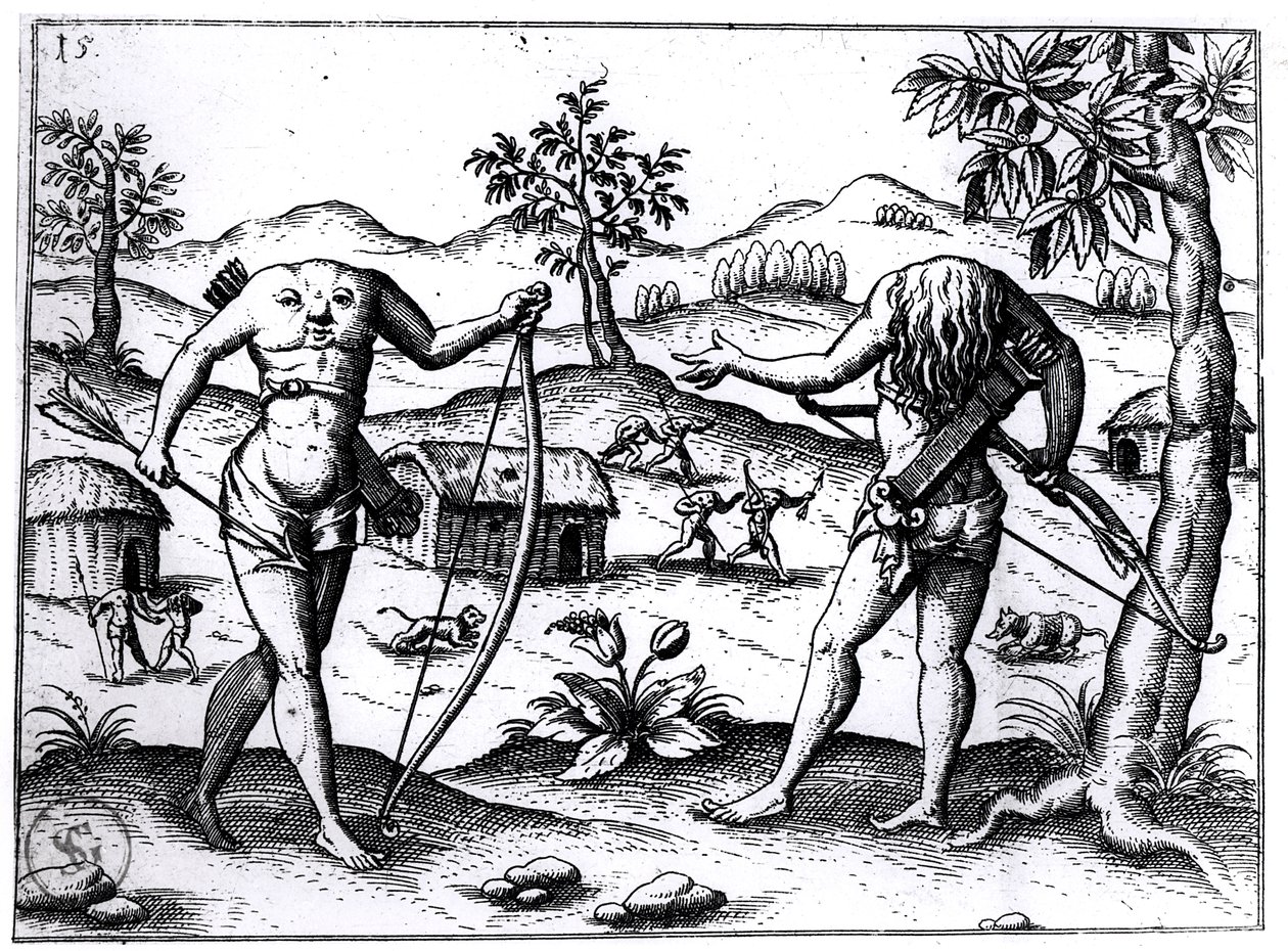 Päättömät miehet ja naiset, piirros Sir Walter Raleighin Guyana-kertomuksesta, julkaistu Nürnbergissä, 1599 tekijältä German School