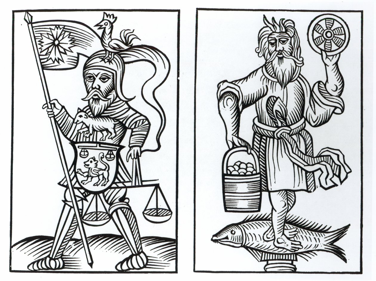 Muinaisten saksien Hermensul tai Irminsul (vasemmalla) ja Crodon (oikealla) epäjumalat Herman Stangefolin Annales Circuli Westphaliassa vuonna 1656 julkaiseman puupiirroksen jälkeen tekijältä German School