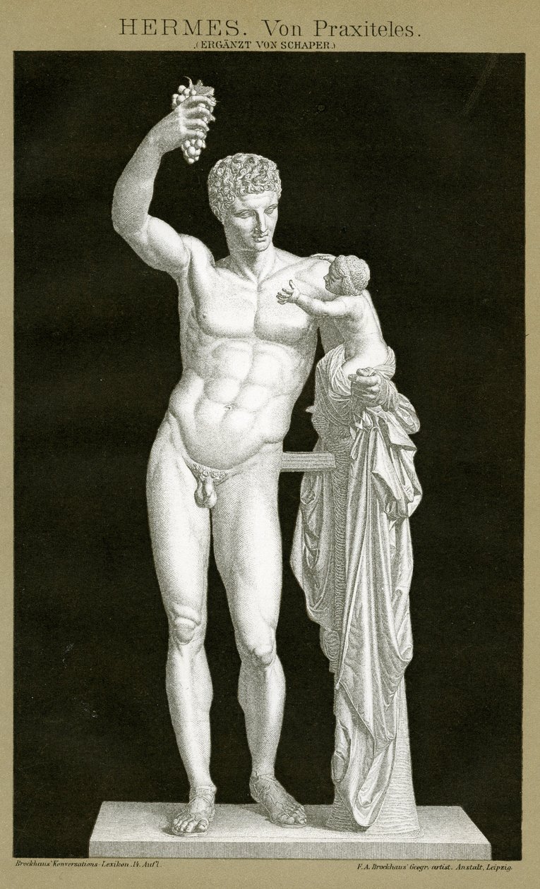Hermes ja Dionysos-lapsi Praxiteles n. 1895 (värikromolitografi) tekijältä German School