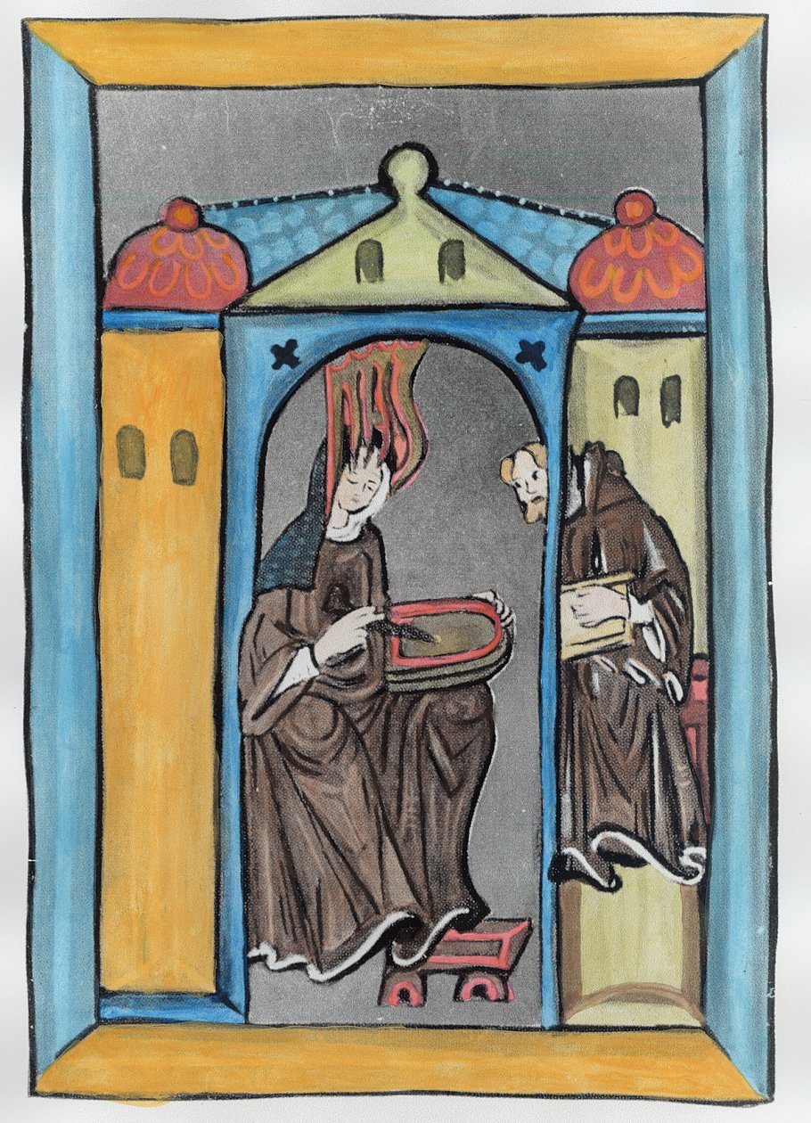 Hildegard Bingenistä vastaanottamassa valoa taivaasta, n. 1151 (myöhempi väritys) tekijältä German School