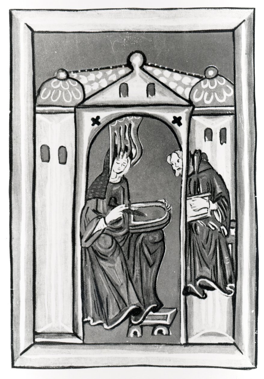 Hildegard Bingenistä vastaanottamassa valoa taivaasta, n. 1151 (vellum) (valkoinen kuva) tekijältä German School