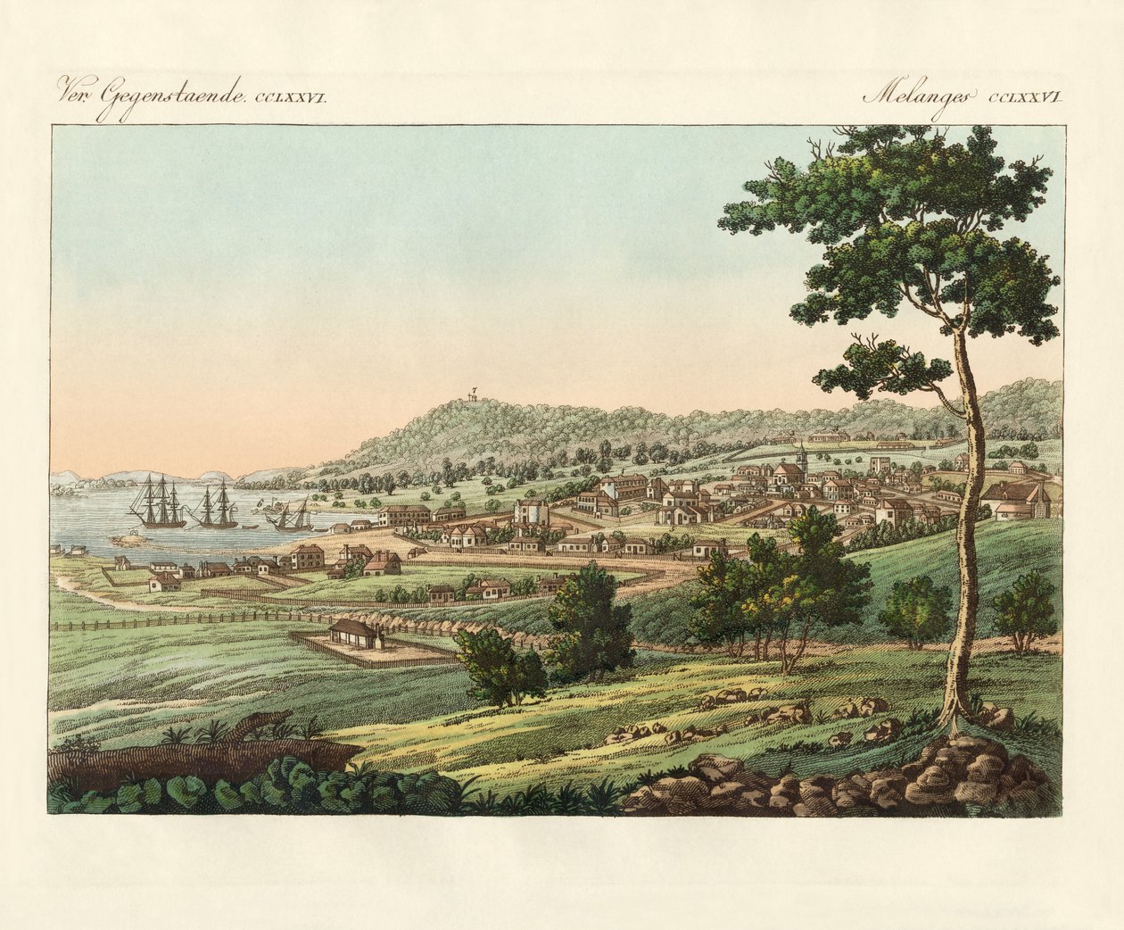 Hobart Town Van Diemens Landissa (värillinen kaiverrus) tekijältä German School