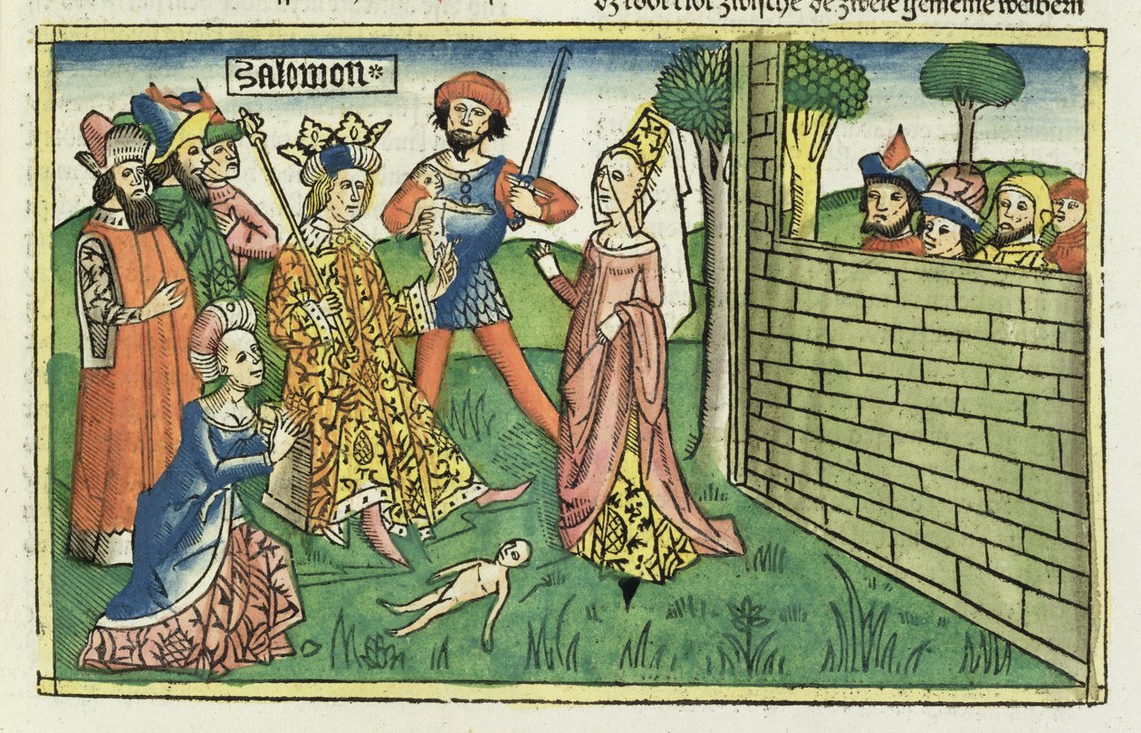 I Kings 3 16-28 Salomon tuomio, Nürnbergin Raamatusta (Biblia Sacra Germanaica) (värillinen puupiirros) tekijältä German School