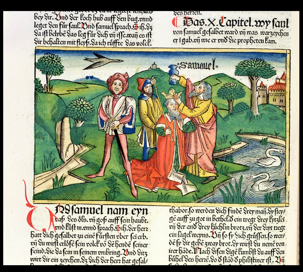 I Samuel 10 Saulin kruunaus ja voitelu, Nürnbergin Raamatusta (Biblia Sacra Germanica) (värillinen puupiirros) tekijältä German School