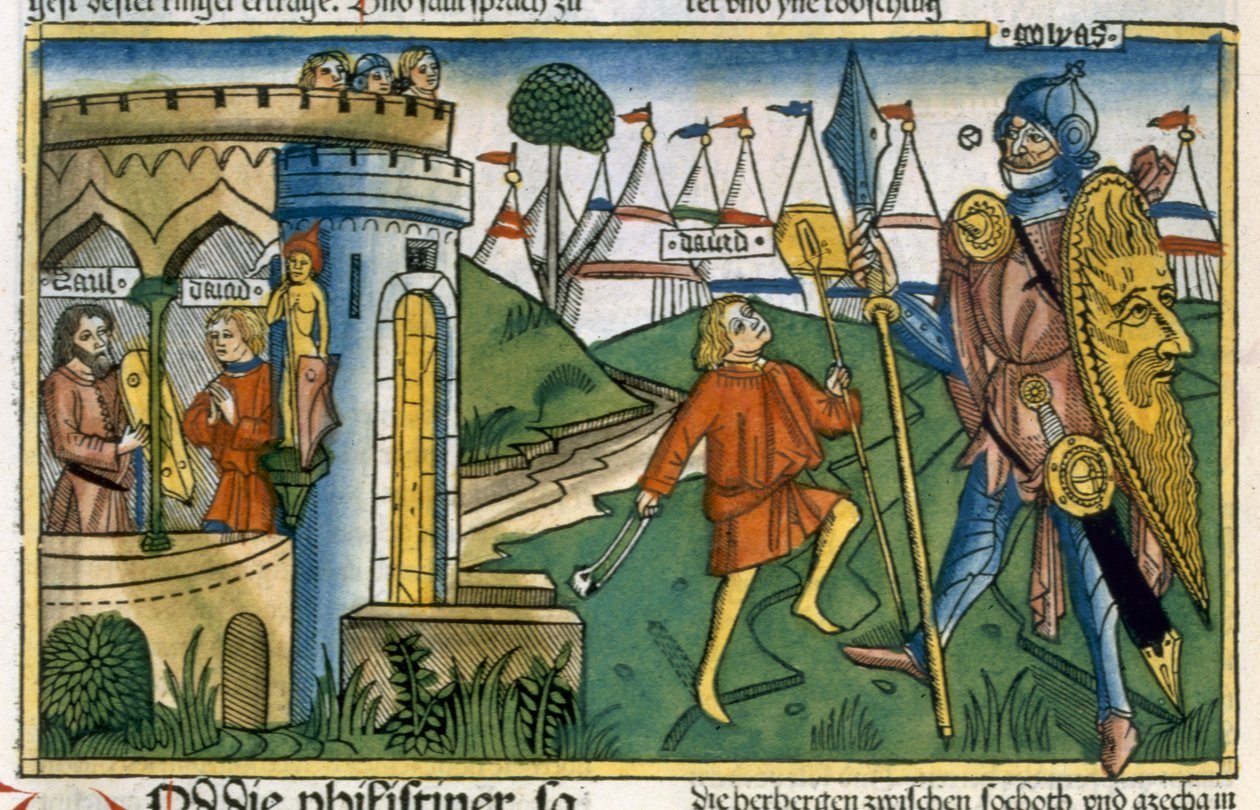 I Samuel 17 1-58 Daavid voittaa Goljatin ja tapaa Saulin, Nürnbergin Raamatusta (Biblia Sacra Germanaica) (värillinen puupiirros) tekijältä German School
