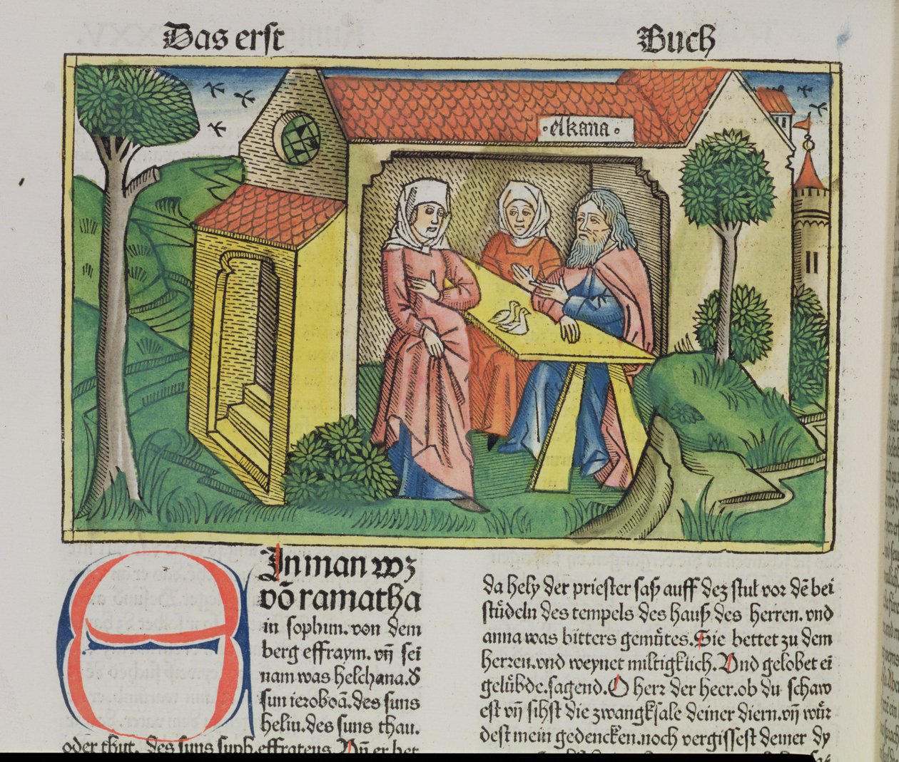 I Samuel 1:8 Elkana lohduttaa Hannaa, Nürnbergin Raamatusta (Biblia Sacra Germanaica) (värillinen puupiirros) tekijältä German School
