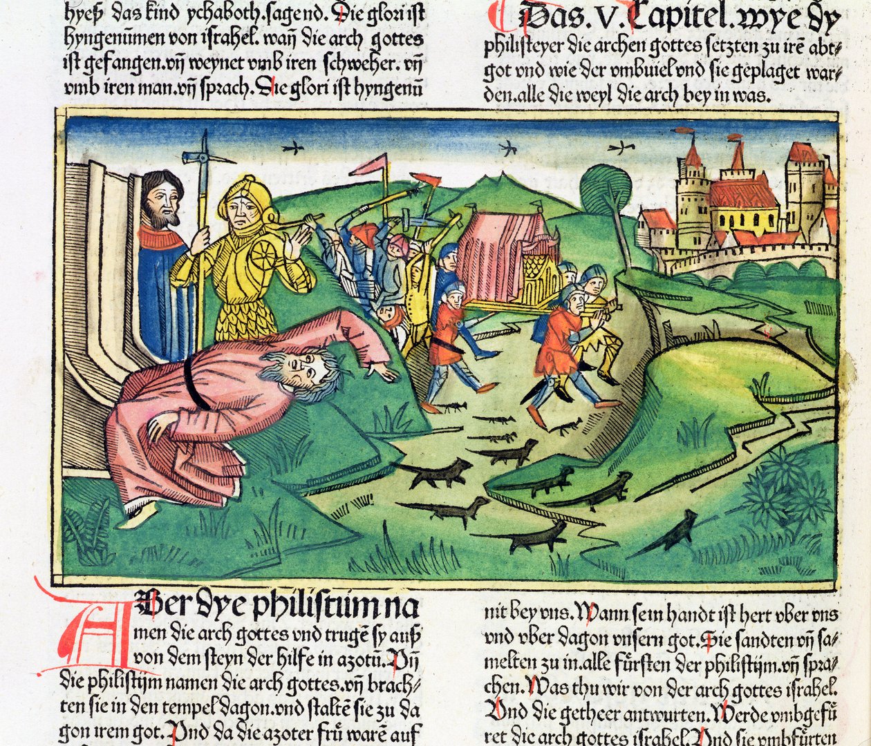 I Samuel 5:1-11 Filistealaiset valtaavat arkin ja rutto iskee Nürnbergin Raamatusta (Biblia Sacra Germanaica) (värillinen puupiirros) tekijältä German School