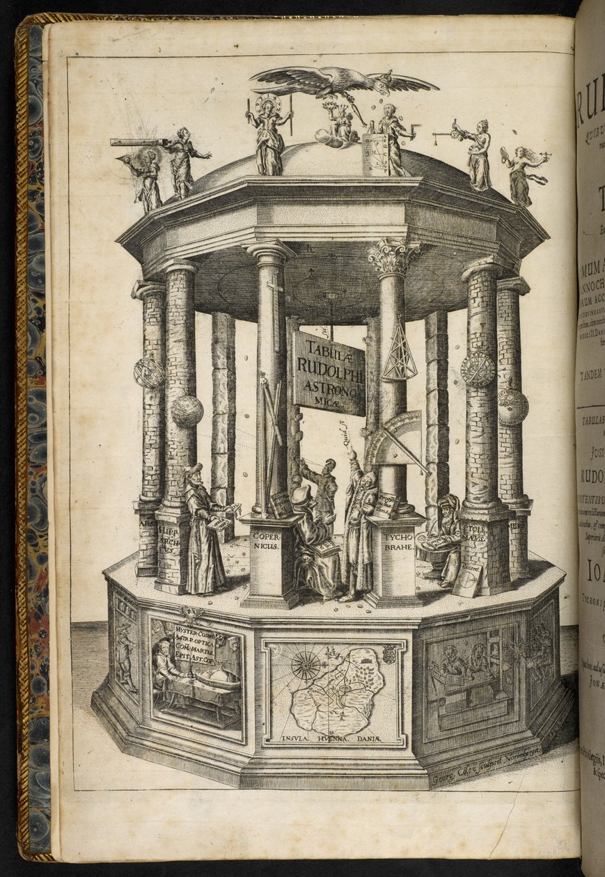 Kuvitettu etulevy, jossa on Uranian temppeli, tähtitieteen museo, Johannes Keplerin teoksesta "Tabulae Rudolphinae, quibus astronomicae scientiae" tekijältä German School