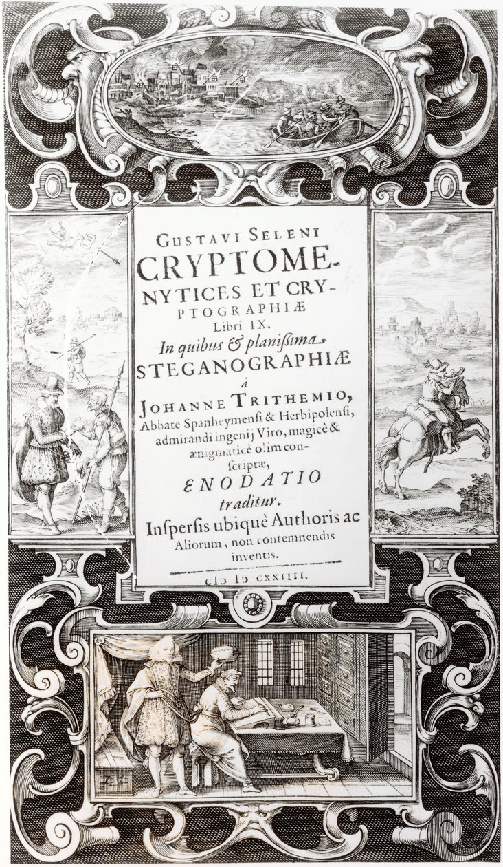 Kuvitus Gustavus Selenuksen (Augustus, Brunswickin herttua) 9. kirjasta Cryptomenysis ja kryptografia, 1624 tekijältä German School