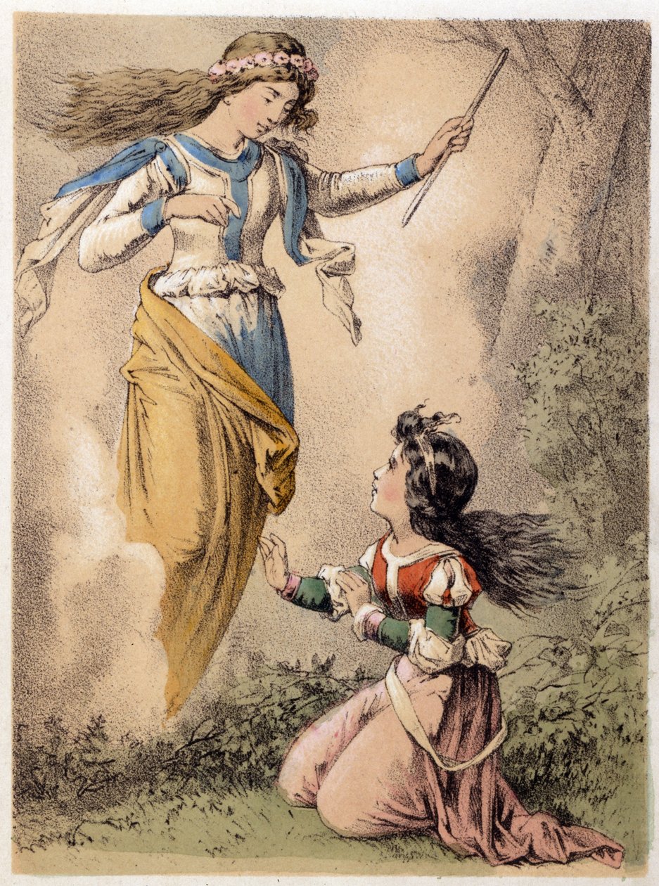 Kuvitus Franz Hoffmannin tarinoista "" Tarinoita ja taruja - 3 lahjaa"": sadun toteuttama toive. 1800-luvun kromolitografia. tekijältä German School