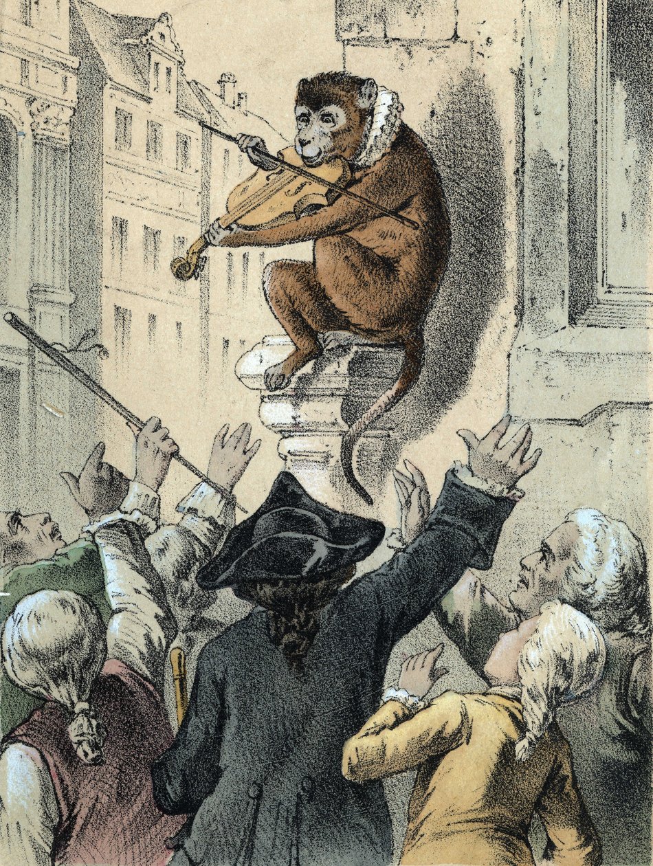 Kuva Franz Hoffmannin tarinoista "" Tales and Fables - The Apina ja viulu"": apina soittaa viulua yleisön edessä. 1800-luvun kromolitografia. tekijältä German School