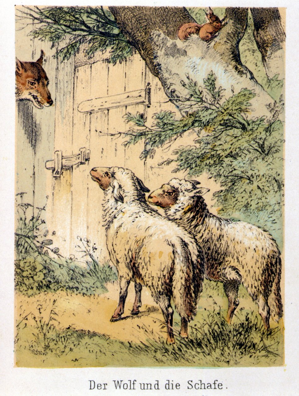 Kuva Franz Hoffmannin tarinoista "" Tarinoita ja taruja - Susi ja lammas"": susi keskustelee kahden lampaan kanssa. 1800-luvun kromolitografia. tekijältä German School