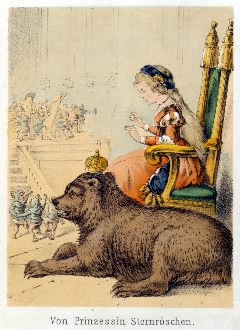 Kuvitus Franz Hoffmannin tarinoista "" Tarinoita ja tarinoita - Von Prinzessin Sternr¿schen"": prinsessa kuningaskarhun vieressä. 1800-luvun kromolitografia. tekijältä German School