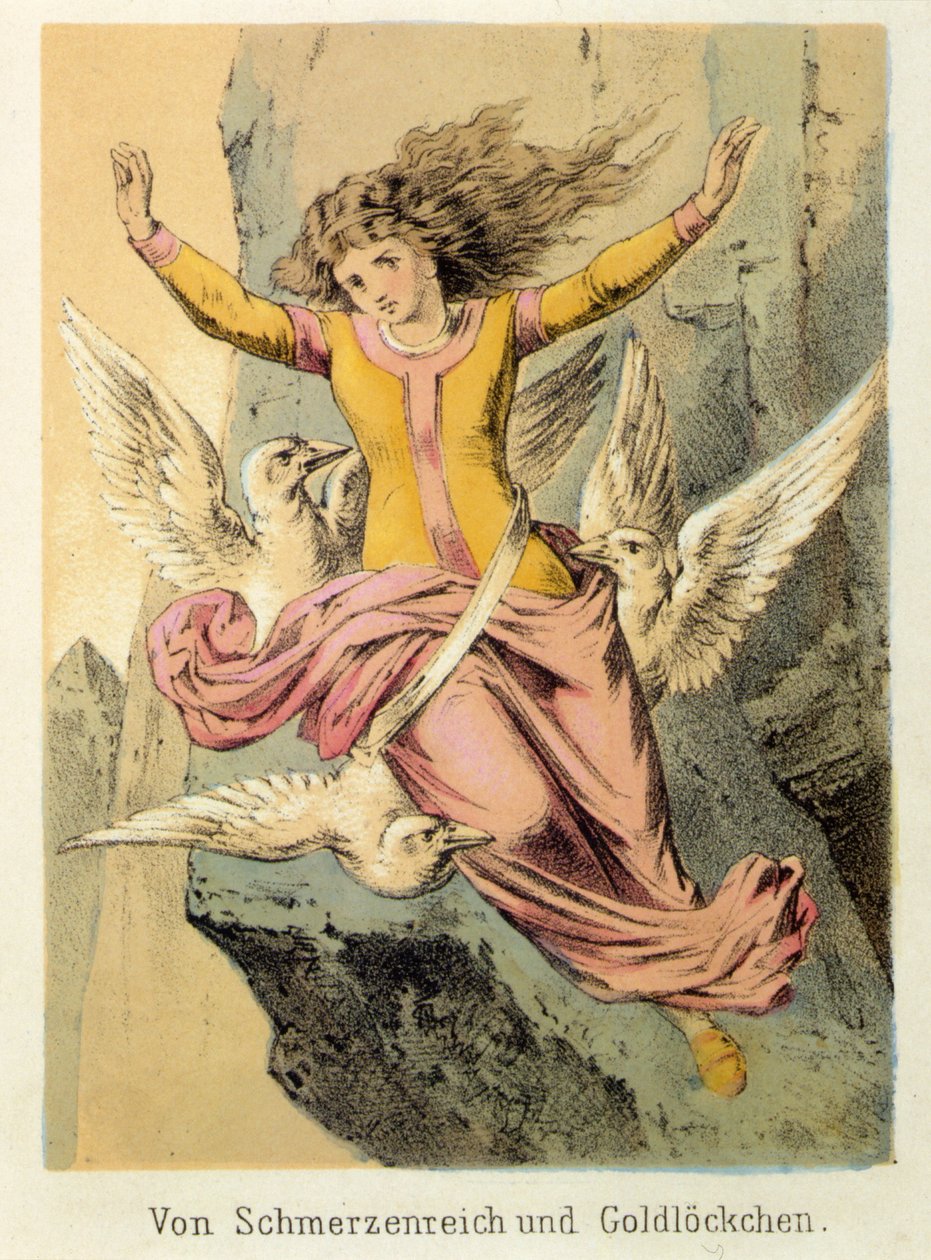 Kuvitus Franz Hoffmannin tarinoista "" Tarinoita ja taruja - Von Schmerzen Reich und Gold¿kuchen"": nainen kolmen linnun ympäröimänä. 1800-luvun kromolitografia. tekijältä German School