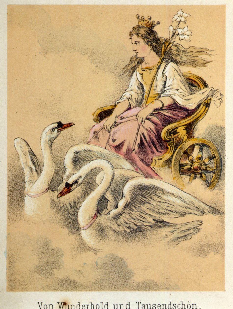 Kuvitus Franz Hoffmannin tarinoista "" Tarinoita ja taruja - Von Wunderhold und Tausendsch¿n": vaunut, jotka kuljettavat 2 joutsenen ampumaa jumalatarta. 1800-luvun kromolitografia. tekijältä German School