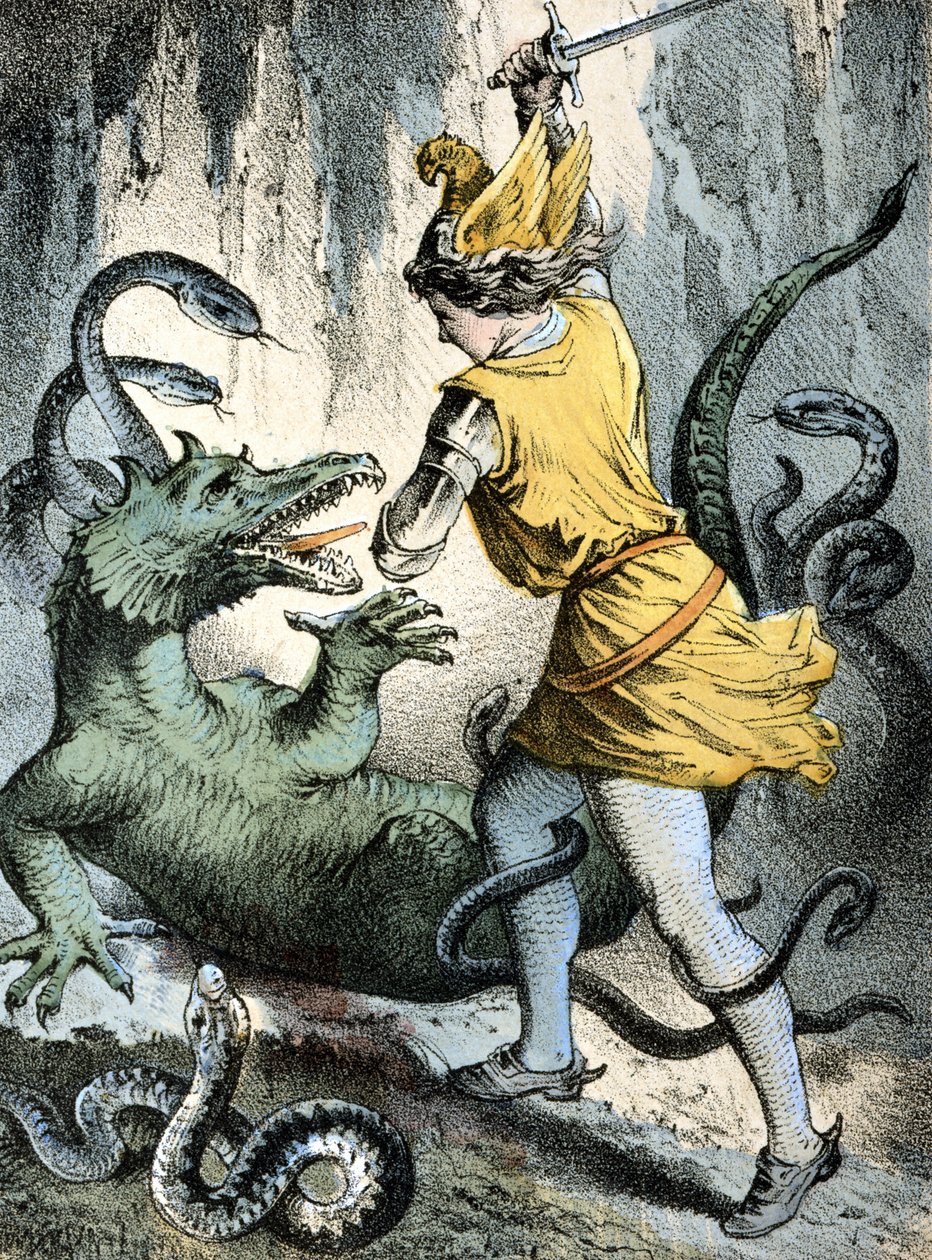Kuva Franz Hoffmannin tarinoista "" Tales and Fables"": "" Von Wunderhold und Tausendsch¿n"" (mies tappaa hirviön tai lohikäärmeen). 1800-luvun kromolitografia. tekijältä German School