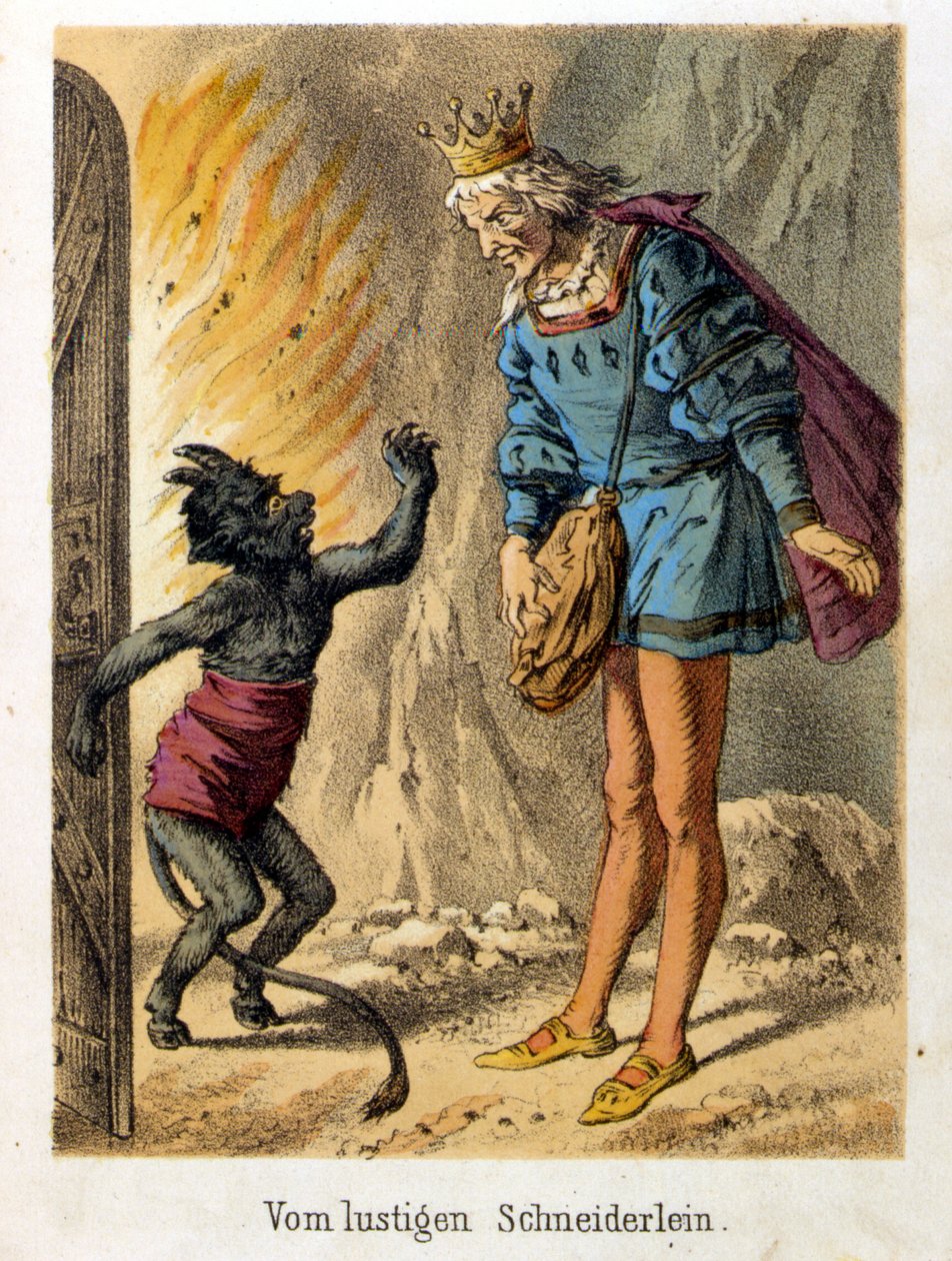Kuva Franz Hoffmannin tarinoista "" Tales et Fables - Le joyful little tailor"". 1800-luvun kromolitografia. tekijältä German School