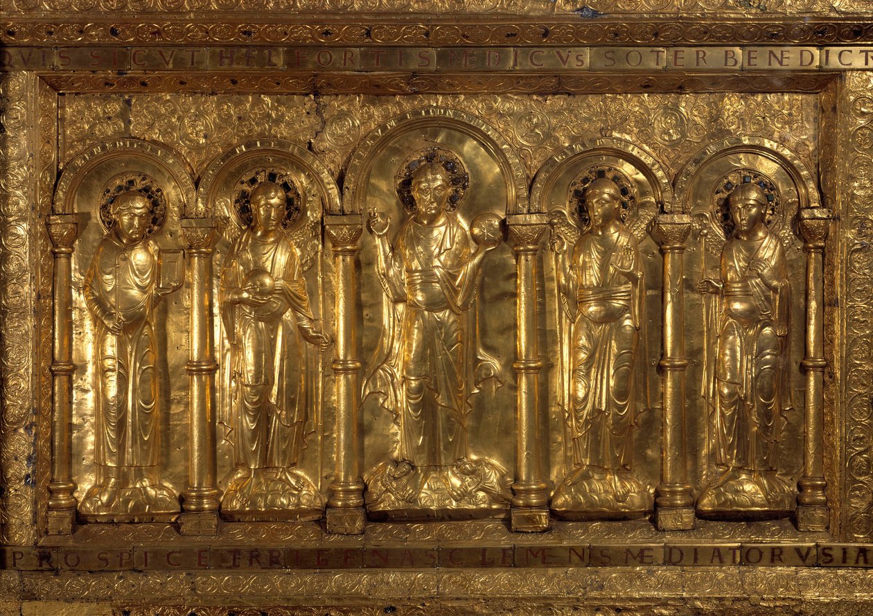 Balen katedraalin alttarin edessä Benching Christin, kolmen arkkienkelin (Michael, Gabriel ja Raphael) ja pyhä Benedict of Nursie ympärillä ja hänen jalkojensa juuressa keisari Henrik II sanoi Pyhän (973-1024) ja Tee vaikutus Cunegondeen (975-103 tekijältä German School
