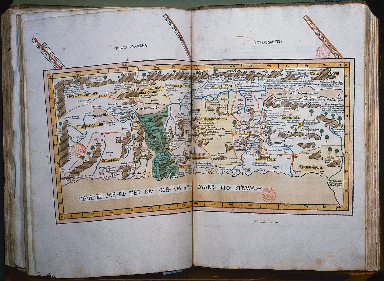 Inc. 425 Pyhän maan kartta, joka perustuu Cosmographicassa annettuihin kuvauksiin ja koordinaatteihin, Ptolemaios (Claudius Ptolemaios Aleksandrialainen) (n. 90-168 jKr.), julkaissut Ulmissa, Saksassa, Johann Reger fo tekijältä German School
