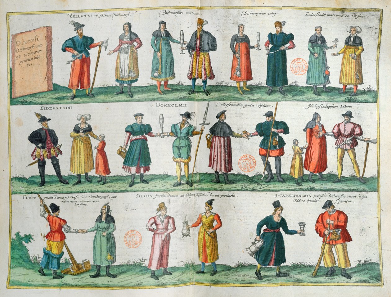 Dithmarschenin (Tanska) asukkaat, kuvitettu levy Theater des Cites du Mondesta, G. Braun, Koln, 1572-1618 tekijältä German School