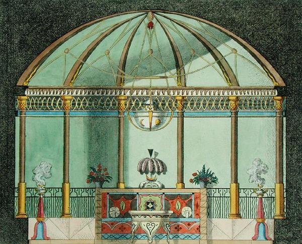 Kiinalaisen puutarhatemppelin sisustus, julkaisusta "Viimeaikaiset uudet ideat puutarhaan", julkaistu 1779 (värilitho) tekijältä German School