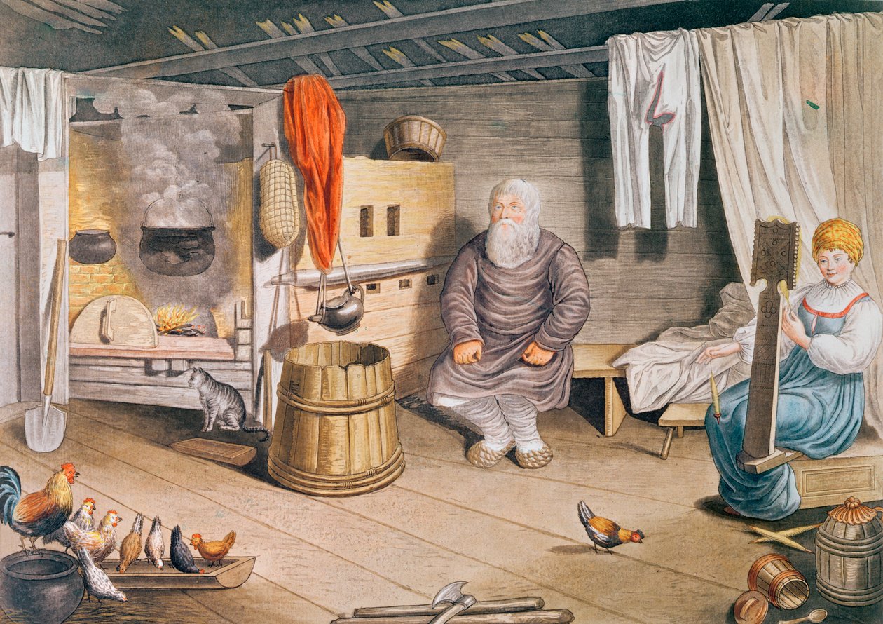 Venäläisen izban sisustus, julkaistu Leipzigissä, 1820 tekijältä German School
